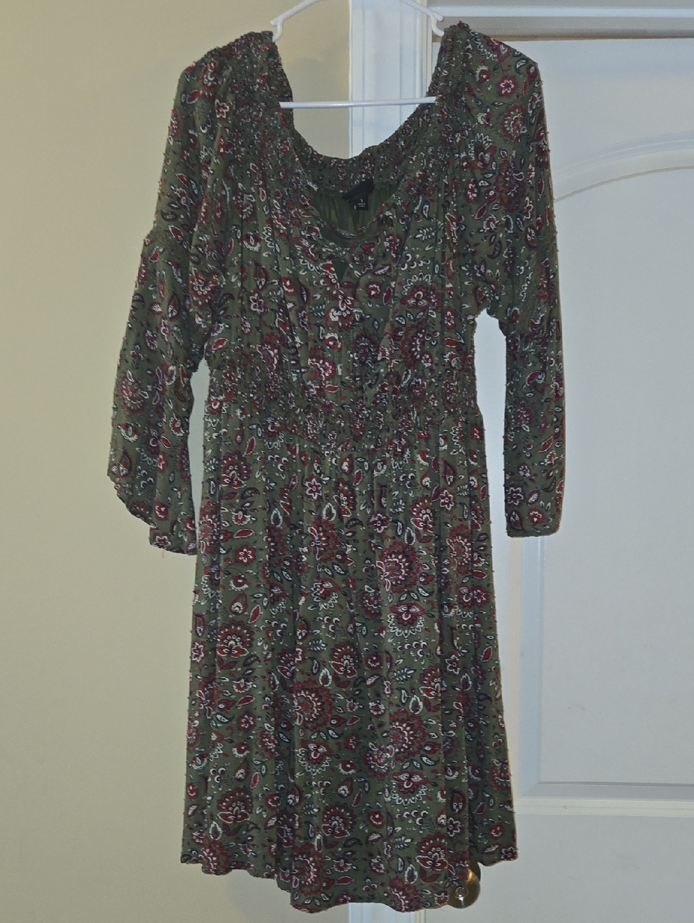 torrid Olive Green Floral Smocked Waist 3/4 Sleeve Dress Off Shoulder